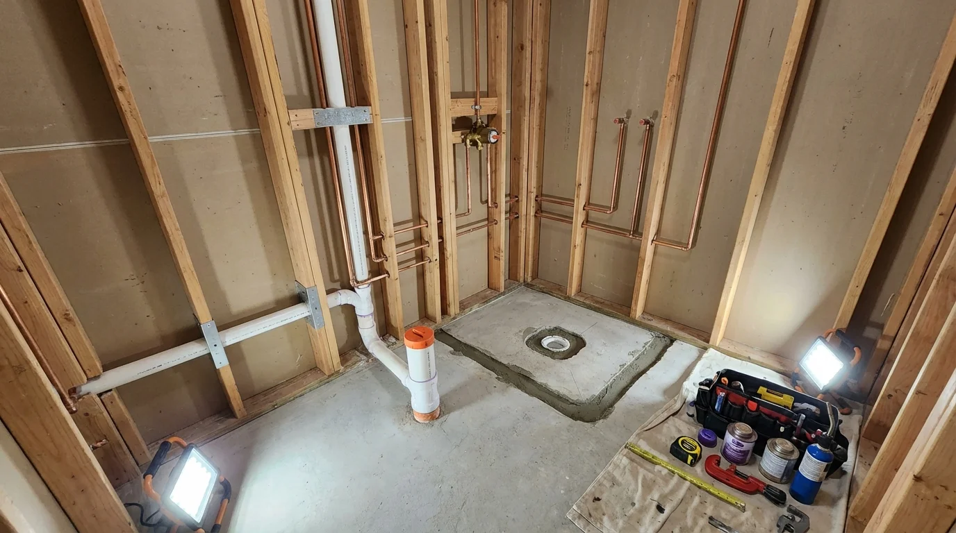 Bathroom rough-in plumbing during remodel by Johns Plumbing LLC in Coldspring