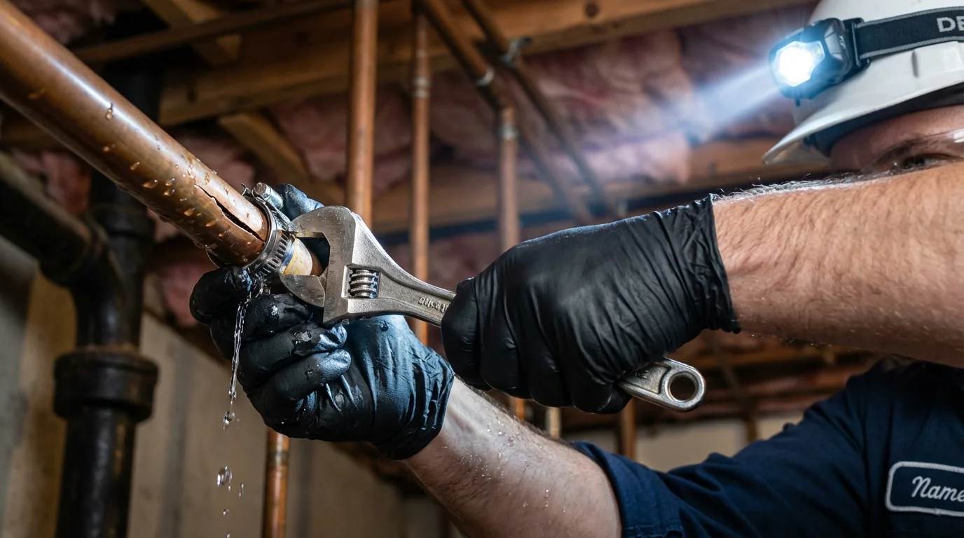 Emergency pipe clamp repair being performed by a Johns Plumbing LLC plumber in Coldspring