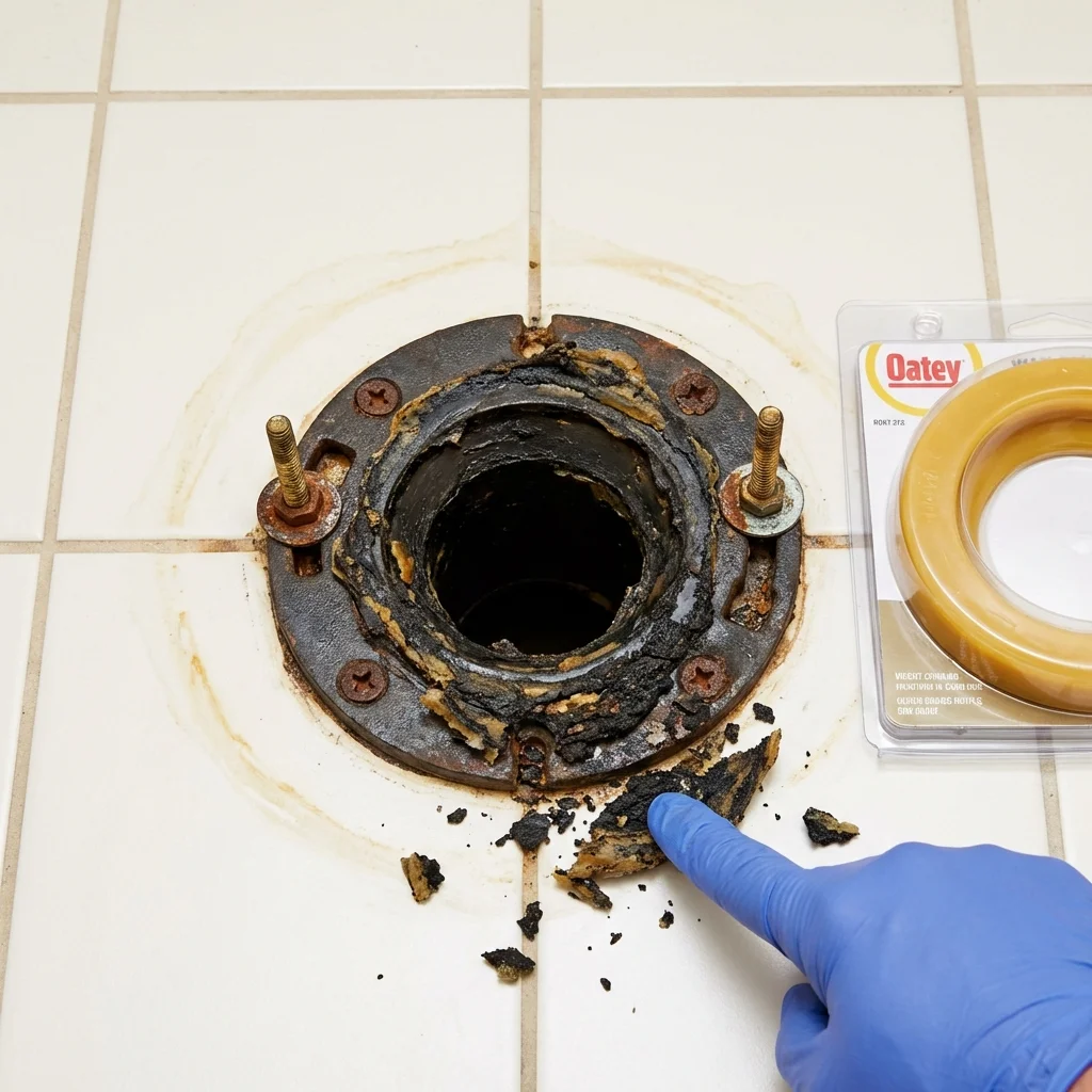 Failed wax ring showing water seepage at the base of a toilet in a Coldspring, TX home