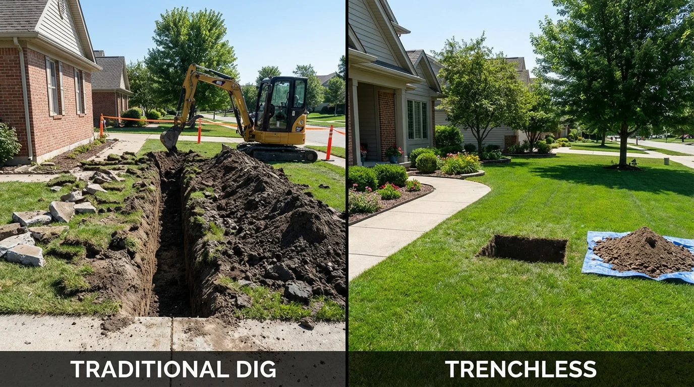 Trenchless sewer repair with minimal yard damage versus traditional excavation in Coldspring, TX