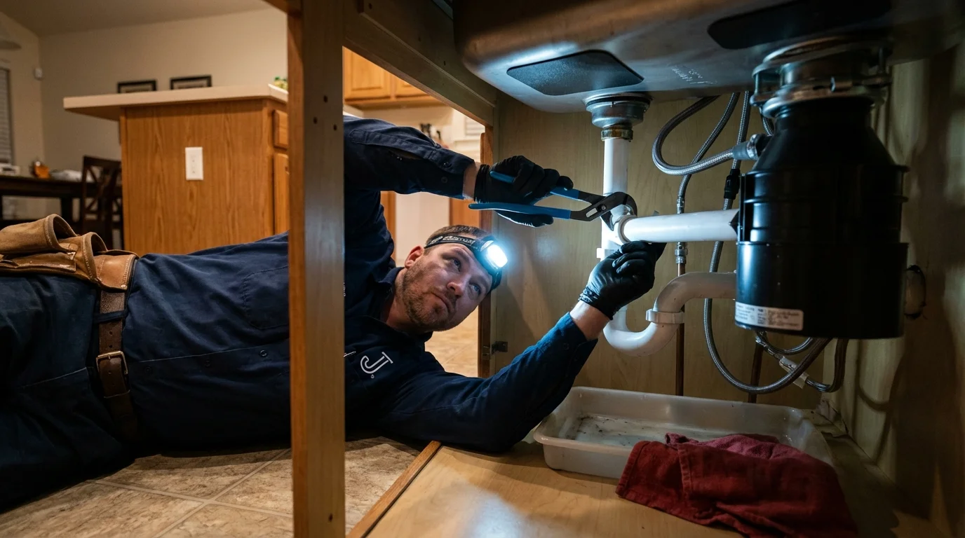 P-trap and supply line connections under a kitchen sink showing a common leak point in Coldspring, TX